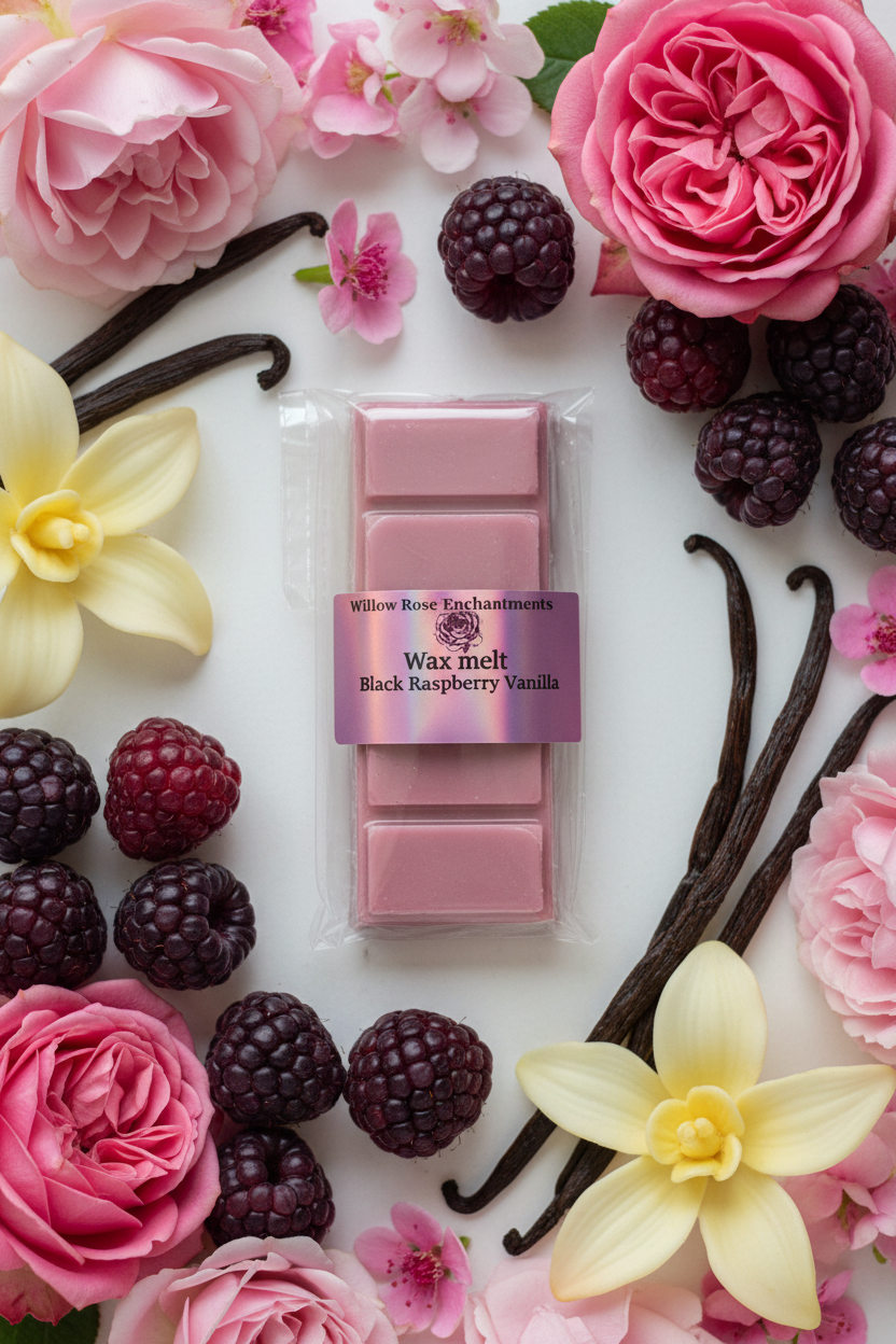 Black Raspberry Vanilla Wax Melt by Willow Rose Enchantments, surrounded by fresh raspberries, blackberries, pink roses, and vanilla beans